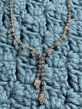 Clear Rhinestone Necklace Silvertone Y Drop Dangle Vintage Y2K 13-16 inches Long